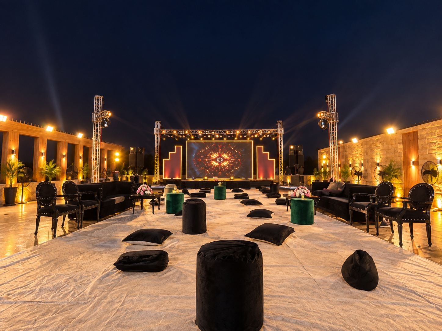 Evening stage and lounge setup
